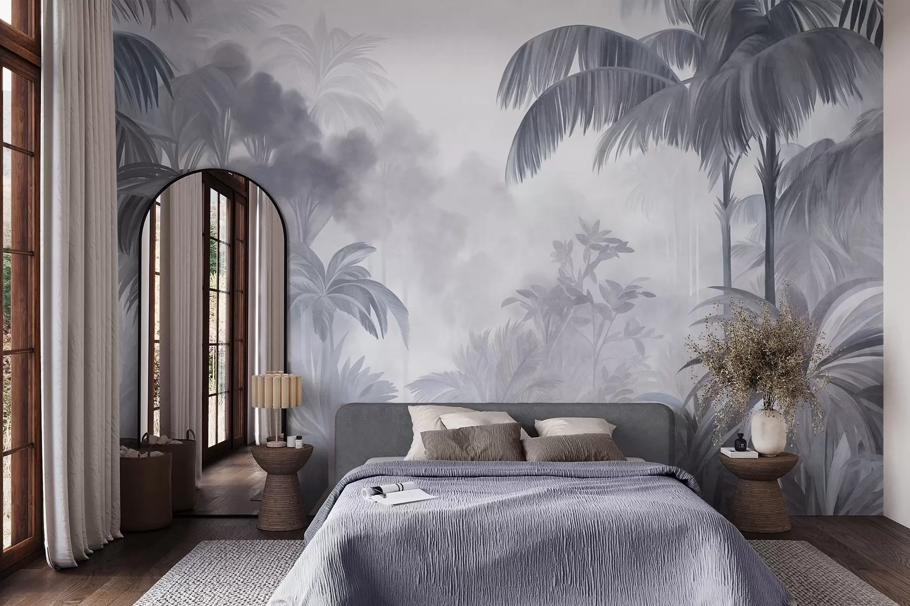 wall murals Textured jungle landscape with palm trees and lush foliage, in a soft, painterly style w10016v1