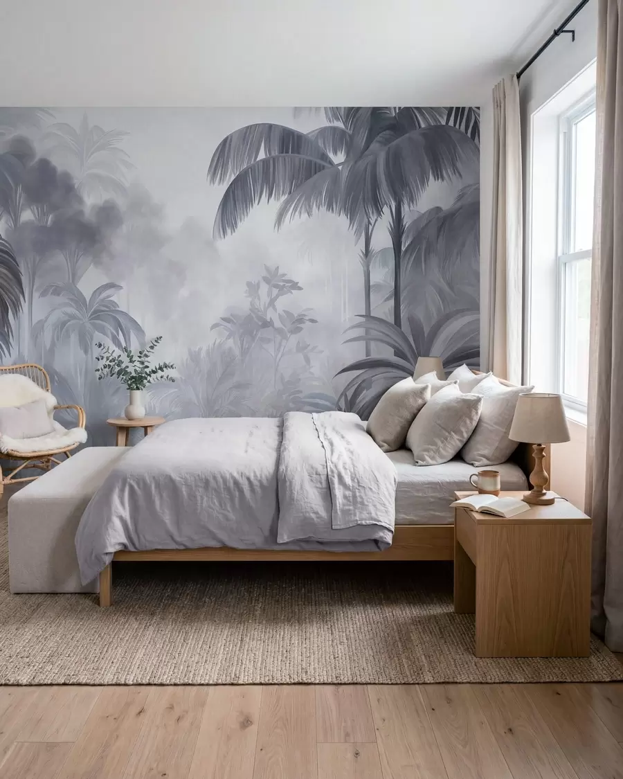 wall murals Textured jungle landscape with palm trees and lush foliage, in a soft, painterly style w10016v1
