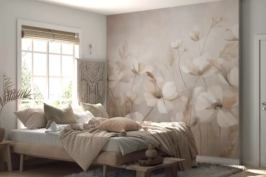 wall murals A field of light-colored flowers and tall grasses in muted tones, textured art w10019