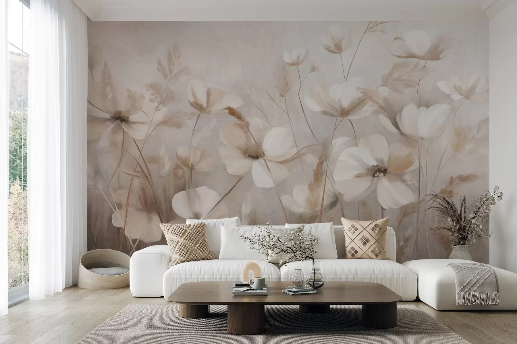 wall murals A field of light-colored flowers and tall grasses in muted tones, textured art w10019