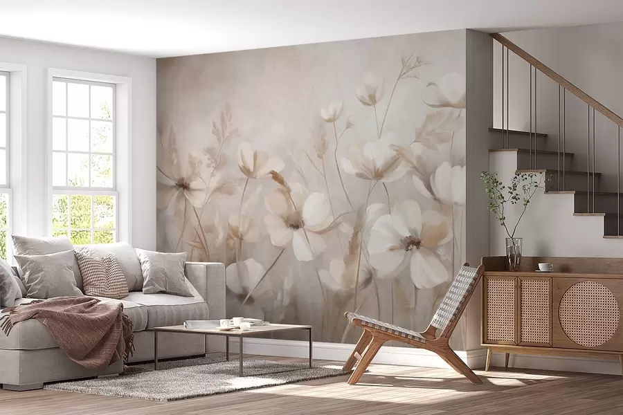 wall murals A field of light-colored flowers and tall grasses in muted tones, textured art w10019