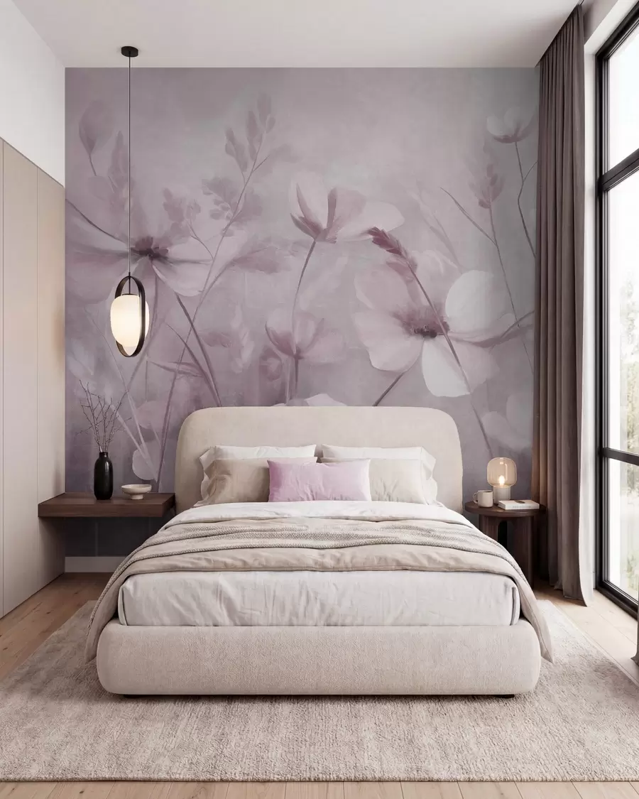 wall murals A field of light-colored flowers and tall grasses in muted tones, textured art w10019v1