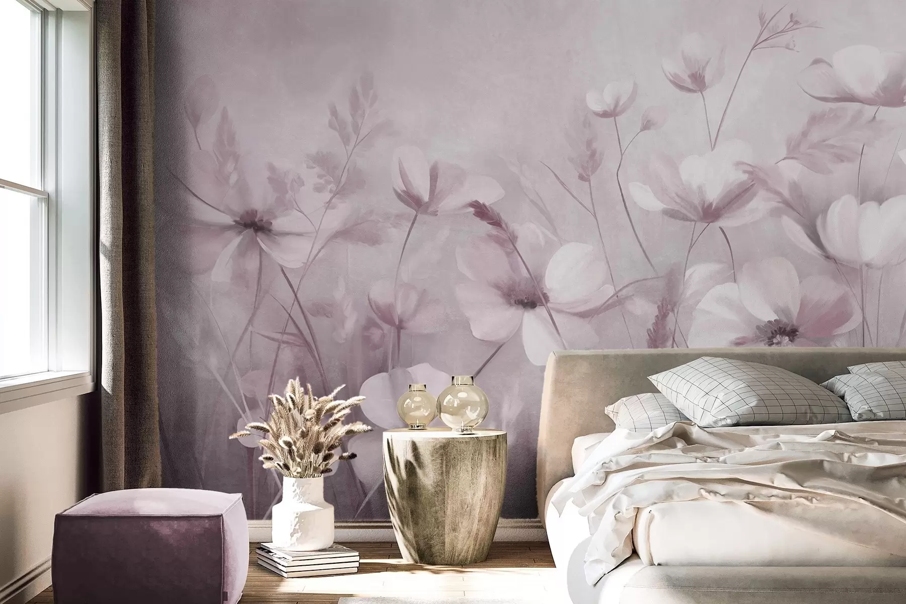 wall murals A field of light-colored flowers and tall grasses in muted tones, textured art w10019v1