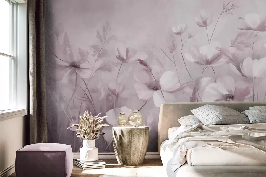 wall murals A field of light-colored flowers and tall grasses in muted tones, textured art w10019v1