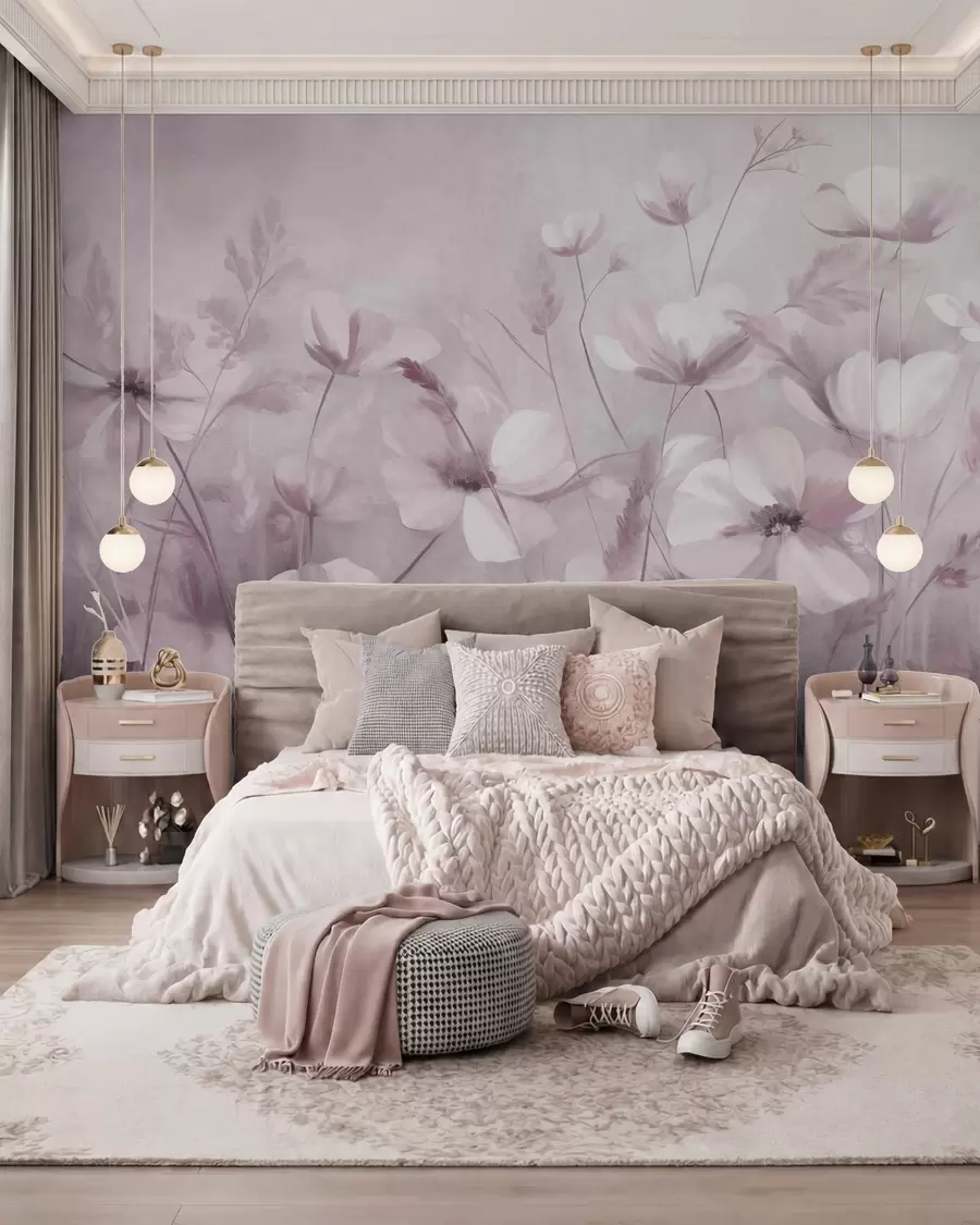 wall murals A field of light-colored flowers and tall grasses in muted tones, textured art w10019v1