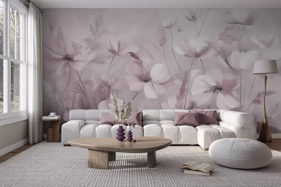 wall murals A field of light-colored flowers and tall grasses in muted tones, textured art w10019v1
