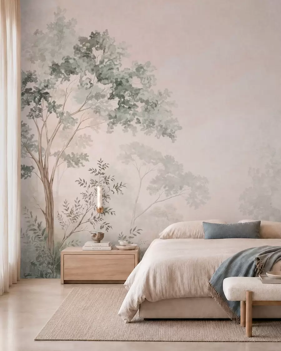 wall murals Forest trees and shrubs in misty pastel tones w05856