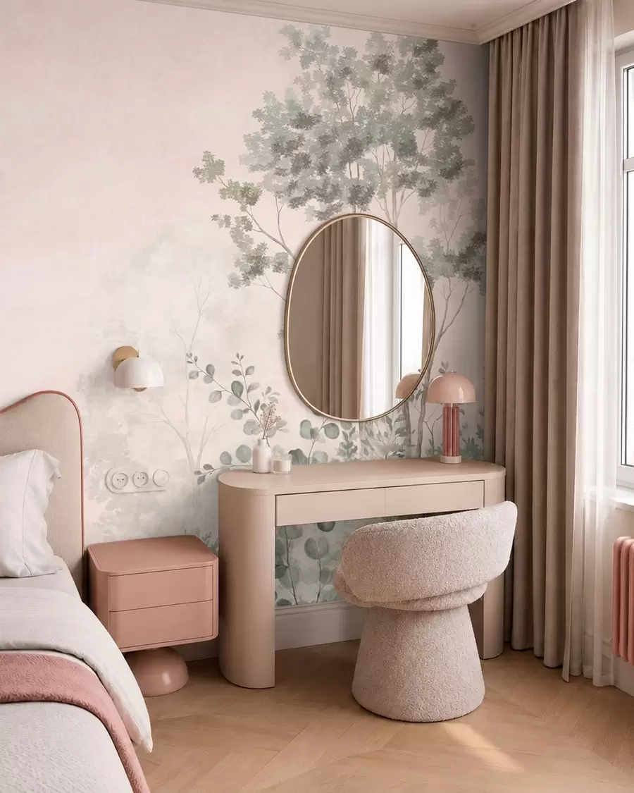 wall murals Forest trees and shrubs in misty pastel tones w05856