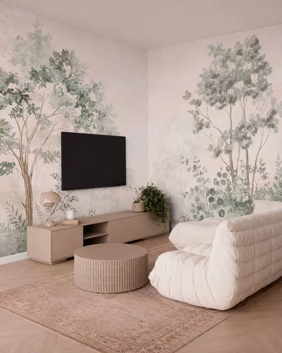 wall murals Forest trees and shrubs in misty pastel tones w05856