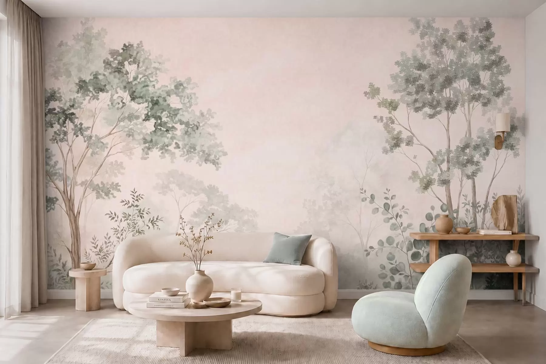 wall murals Forest trees and shrubs in misty pastel tones w05856