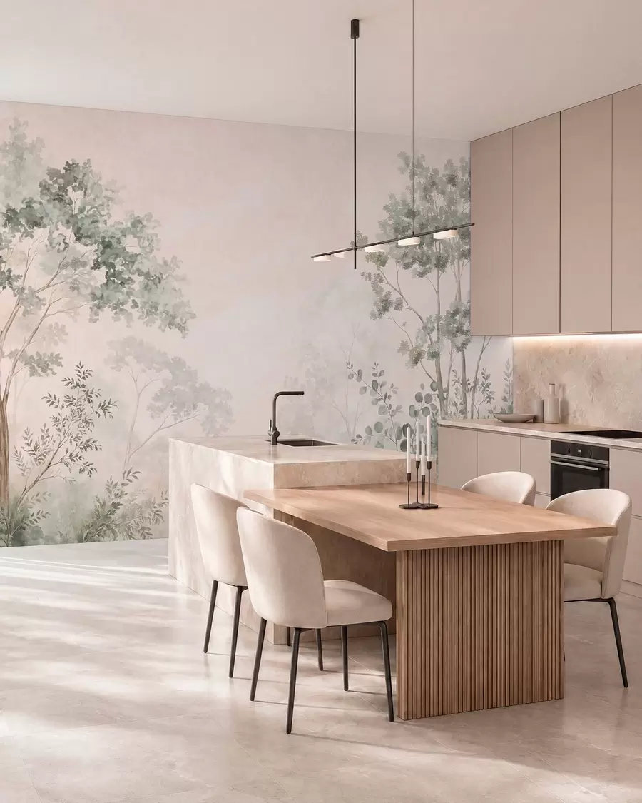 wall murals Forest trees and shrubs in misty pastel tones w05856