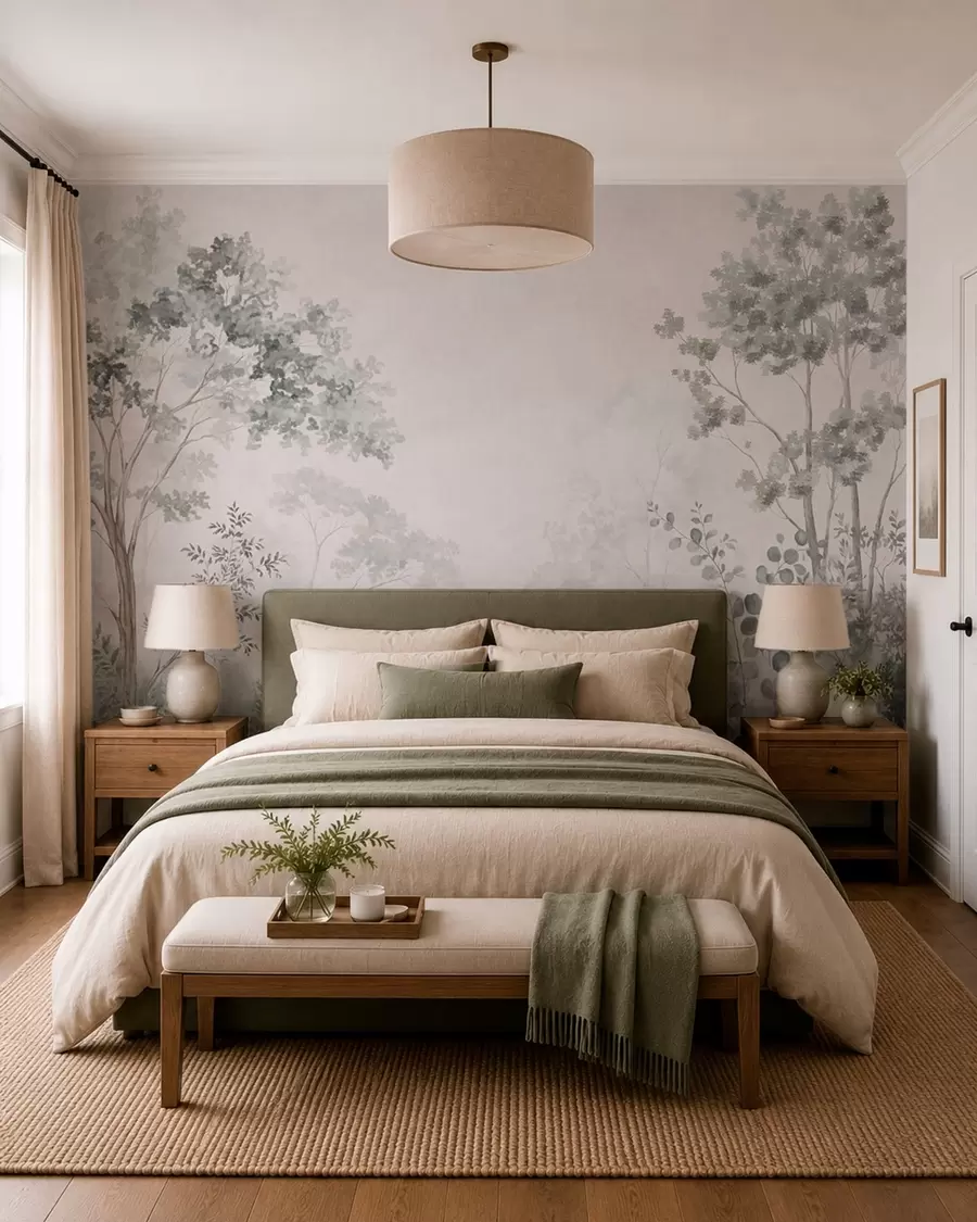 wall murals Forest trees and greenery on a light misty background w05856v1