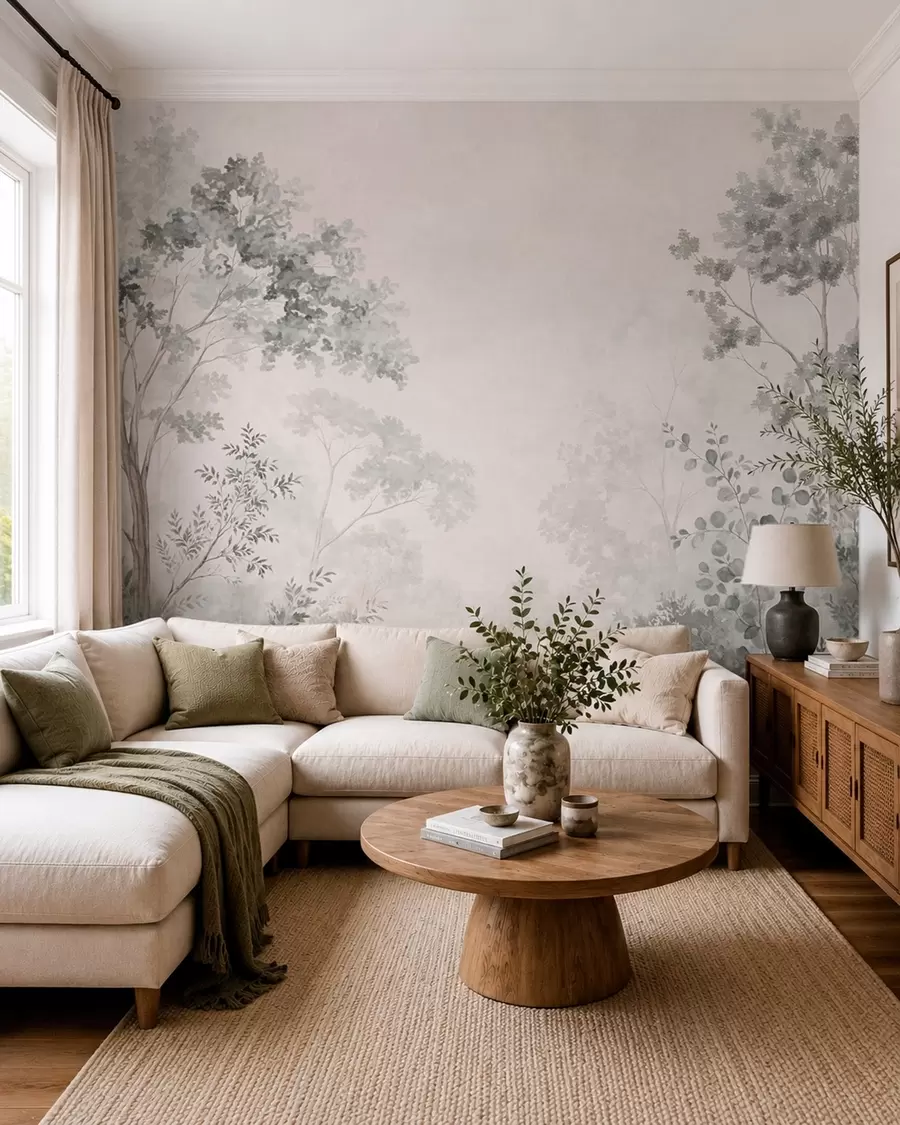 wall murals Forest trees and greenery on a light misty background w05856v1