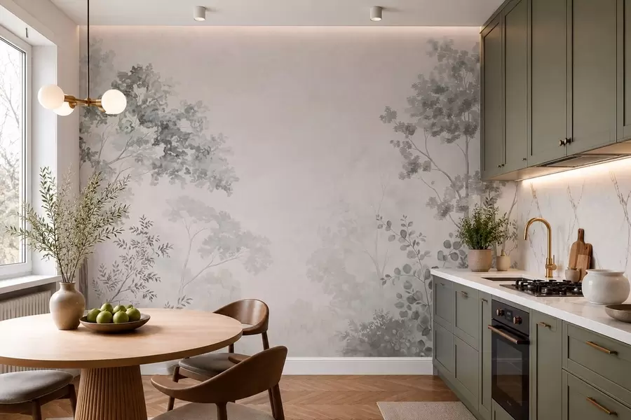 wall murals Forest trees and greenery on a light misty background w05856v1