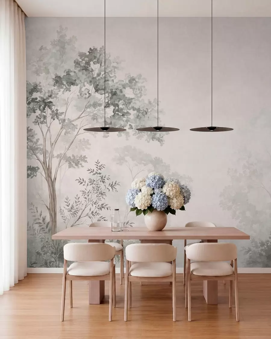 wall murals Forest trees and greenery on a light misty background w05856v1