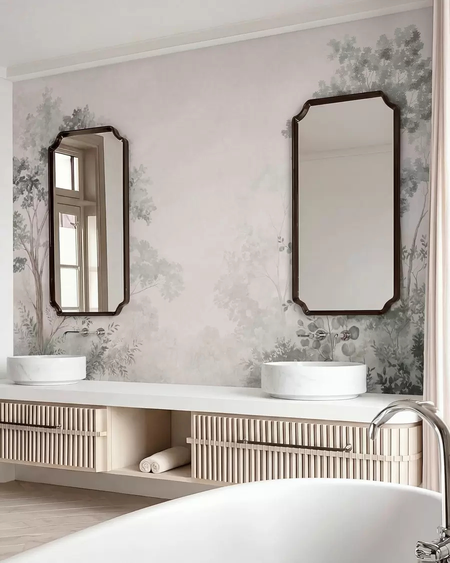 wall murals Forest trees and greenery on a light misty background w05856v1