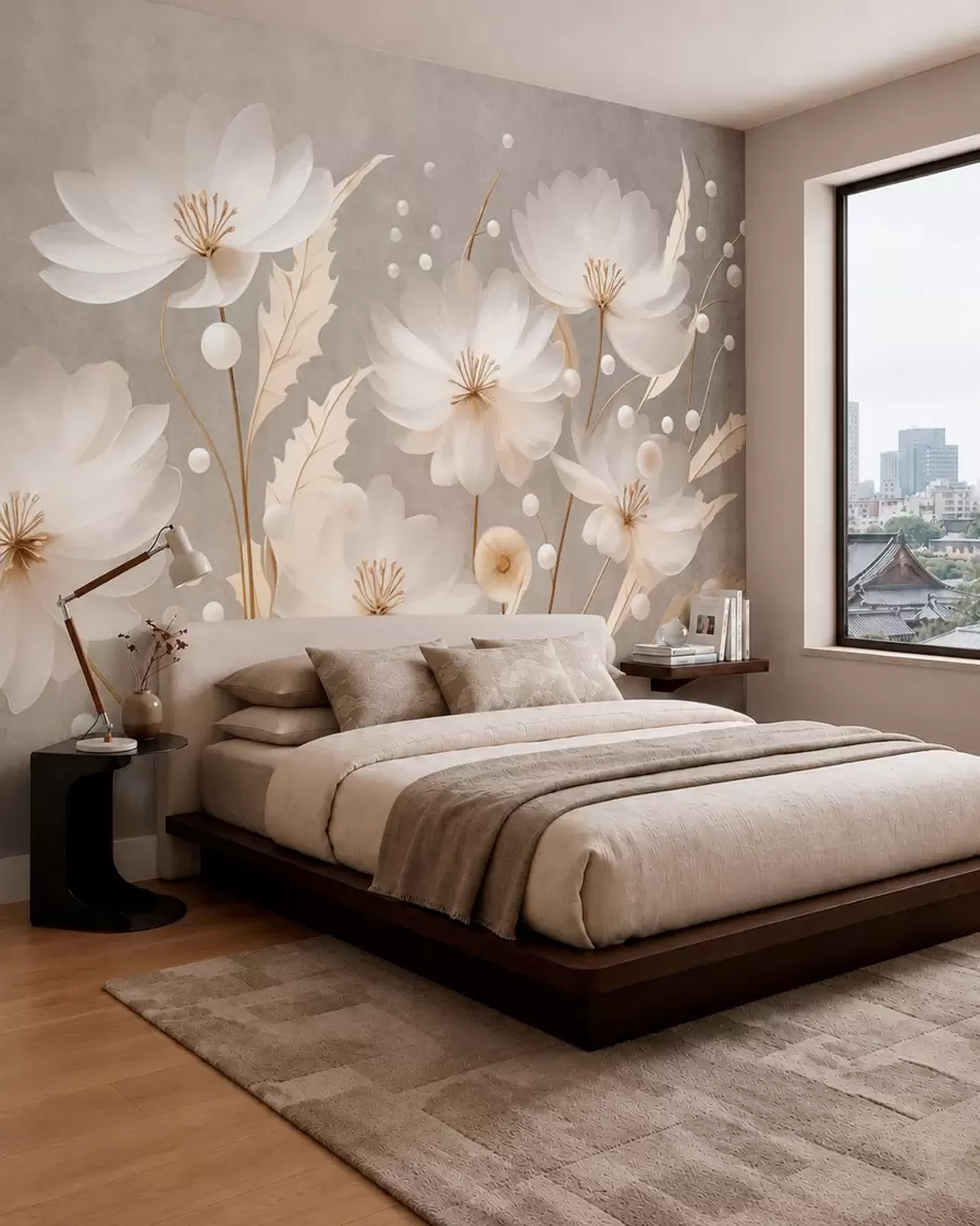 wall murals Large white flowers with decorative leaves on a gray background w05857