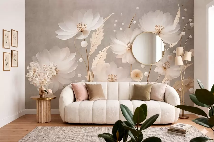 wall murals Large white flowers with decorative leaves on a gray background w05857