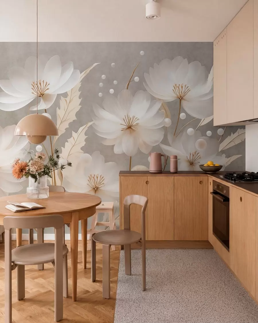 wall murals Large white flowers with decorative leaves on a gray background w05857