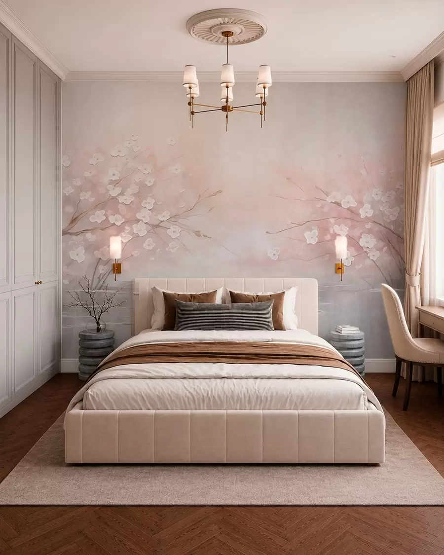 wall murals Flowering branches over calm water in soft pink tones w05858
