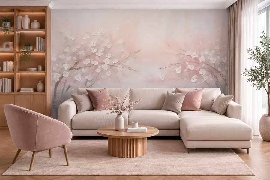 wall murals Flowering branches over calm water in soft pink tones w05858