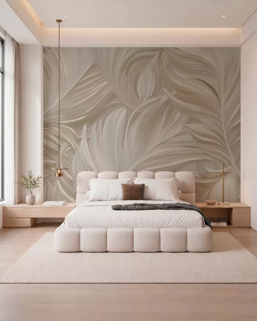 wall murals A large, painted, curved feather in warm beige tones w05757