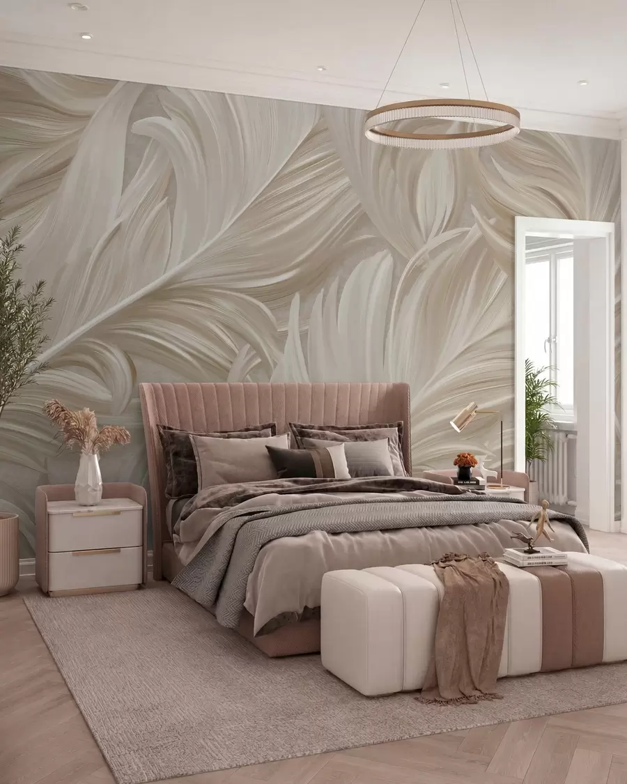 wall murals A large, painted, curved feather in warm beige tones w05757