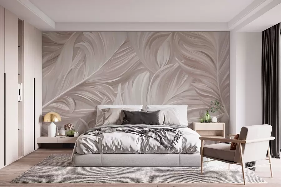 wall murals A large, painted, curved feather in shades of pink pearls w05757v1