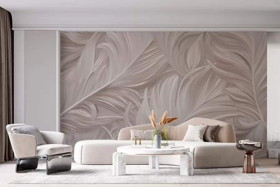 wall murals A large, painted, curved feather in shades of pink pearls w05757v1
