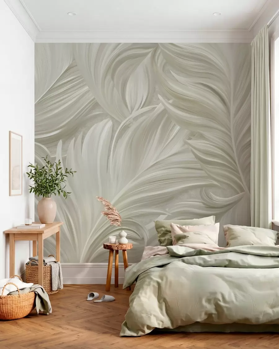 wall murals A large, painted, curved feather in shades of cool beige w05757v2