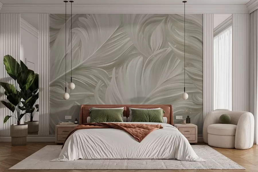 wall murals A large, painted, curved feather in shades of cool beige w05757v2