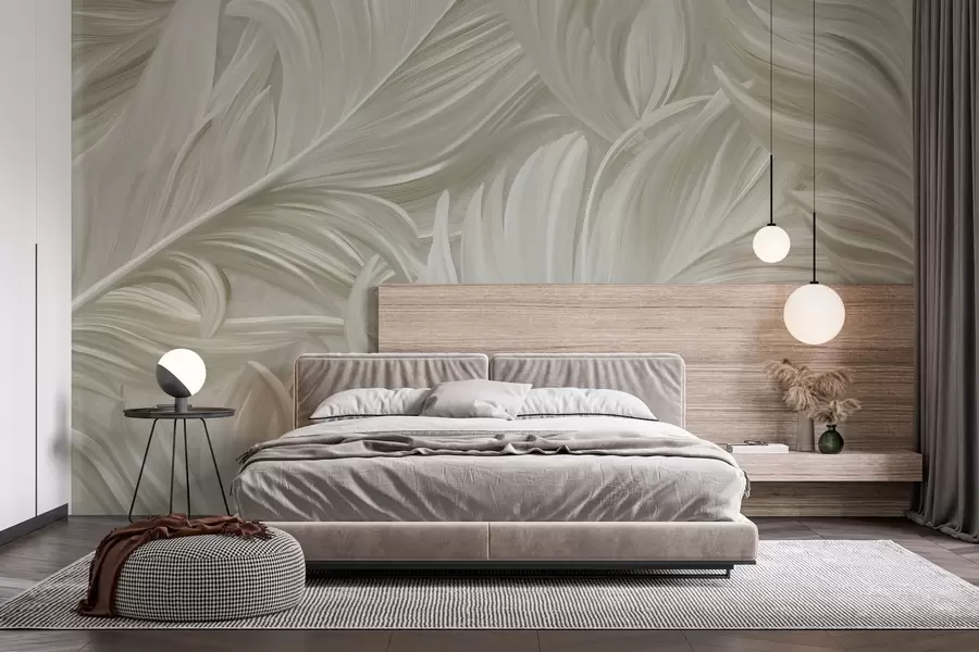 wall murals A large, painted, curved feather in shades of cool beige w05757v2