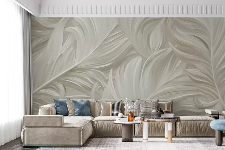 wall murals A large, painted, curved feather in shades of cool beige w05757v2