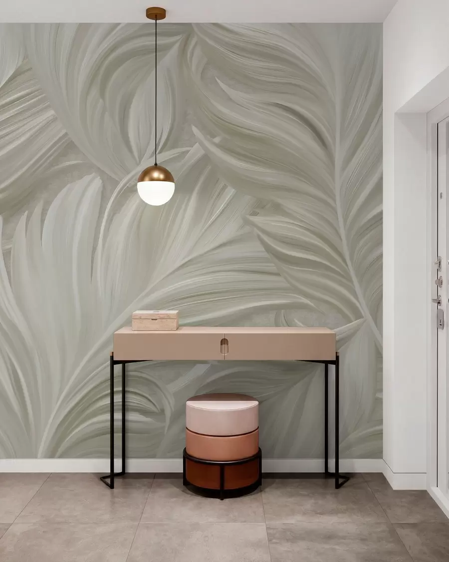 wall murals A large, painted, curved feather in shades of cool beige w05757v2