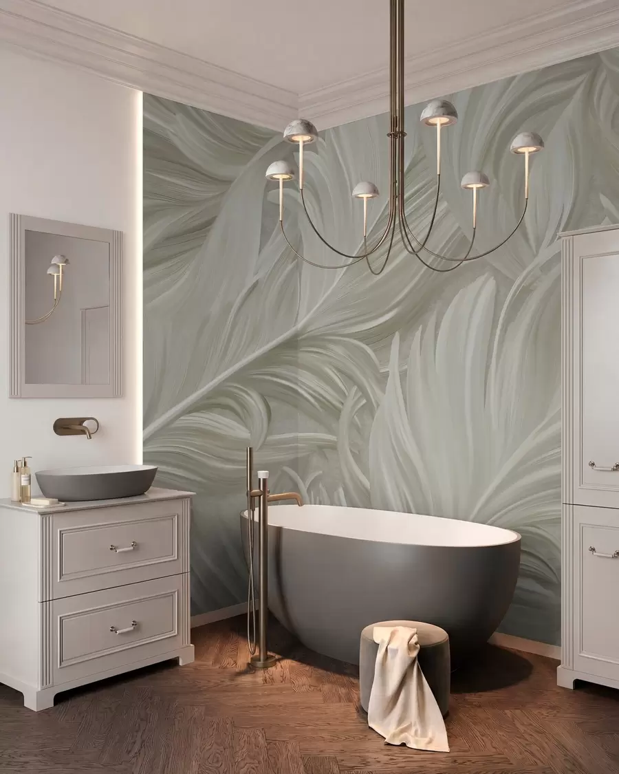 wall murals A large, painted, curved feather in shades of cool beige w05757v2