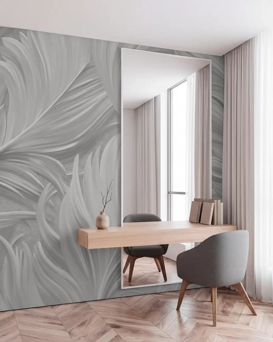 wall murals A large, painted, curved feather in shades of grey w05757v3