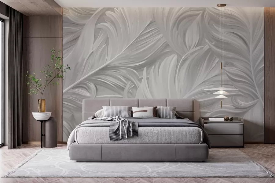 wall murals A large, painted, curved feather in shades of grey w05757v3