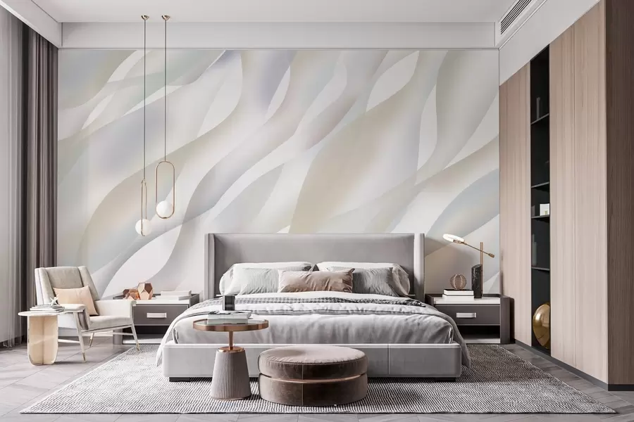 wall murals Abstract waves in shades of grey and beige against a white background w05758