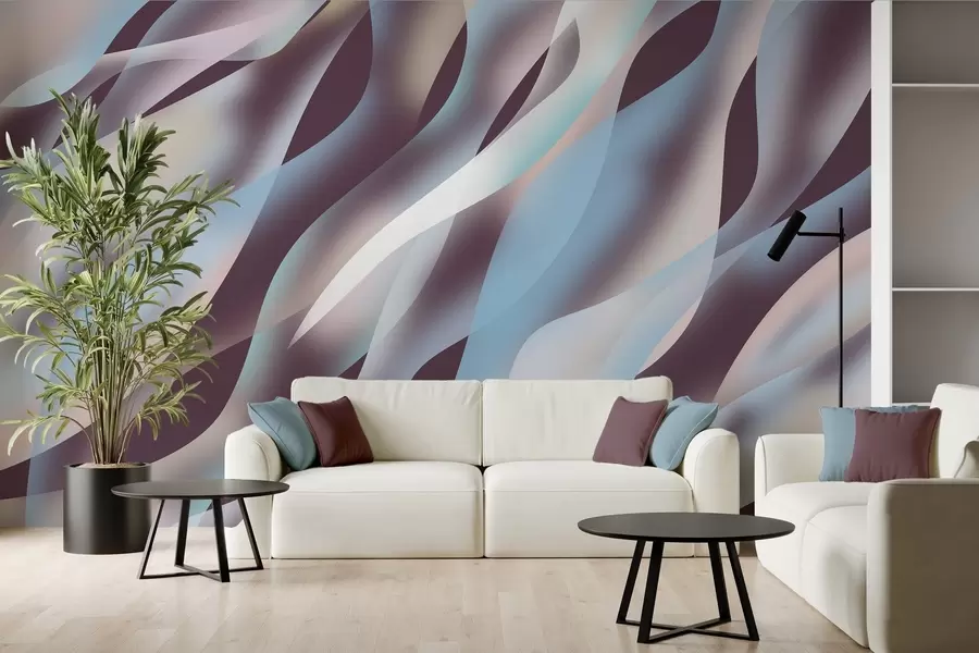 wall murals Abstract waves in shades of blue, pink and beige against a dark aubergine background w05758v3