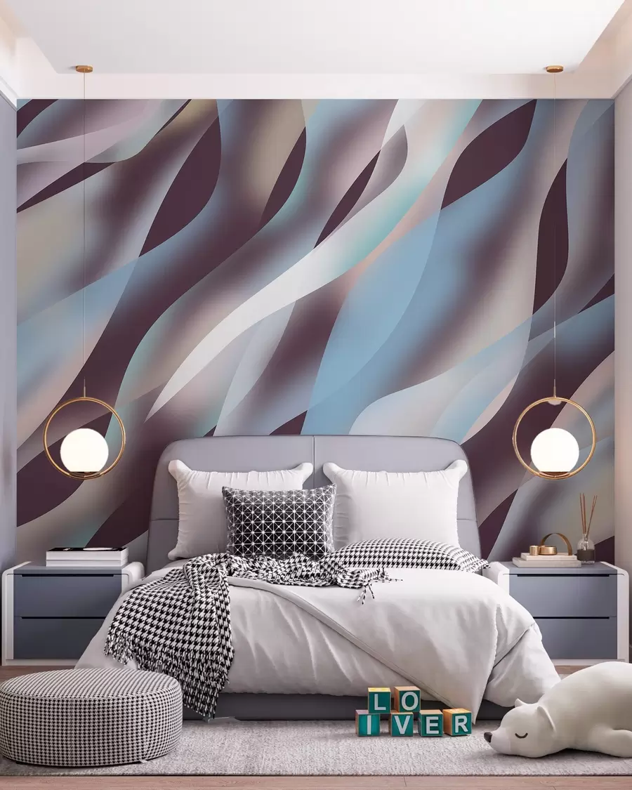 wall murals Abstract waves in shades of blue, pink and beige against a dark aubergine background w05758v3