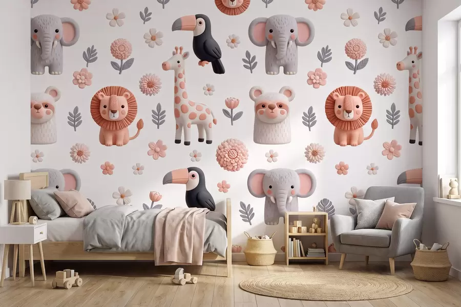 wall murals Safari in soft tones: giraffes, lions, elephants and toucans w09994