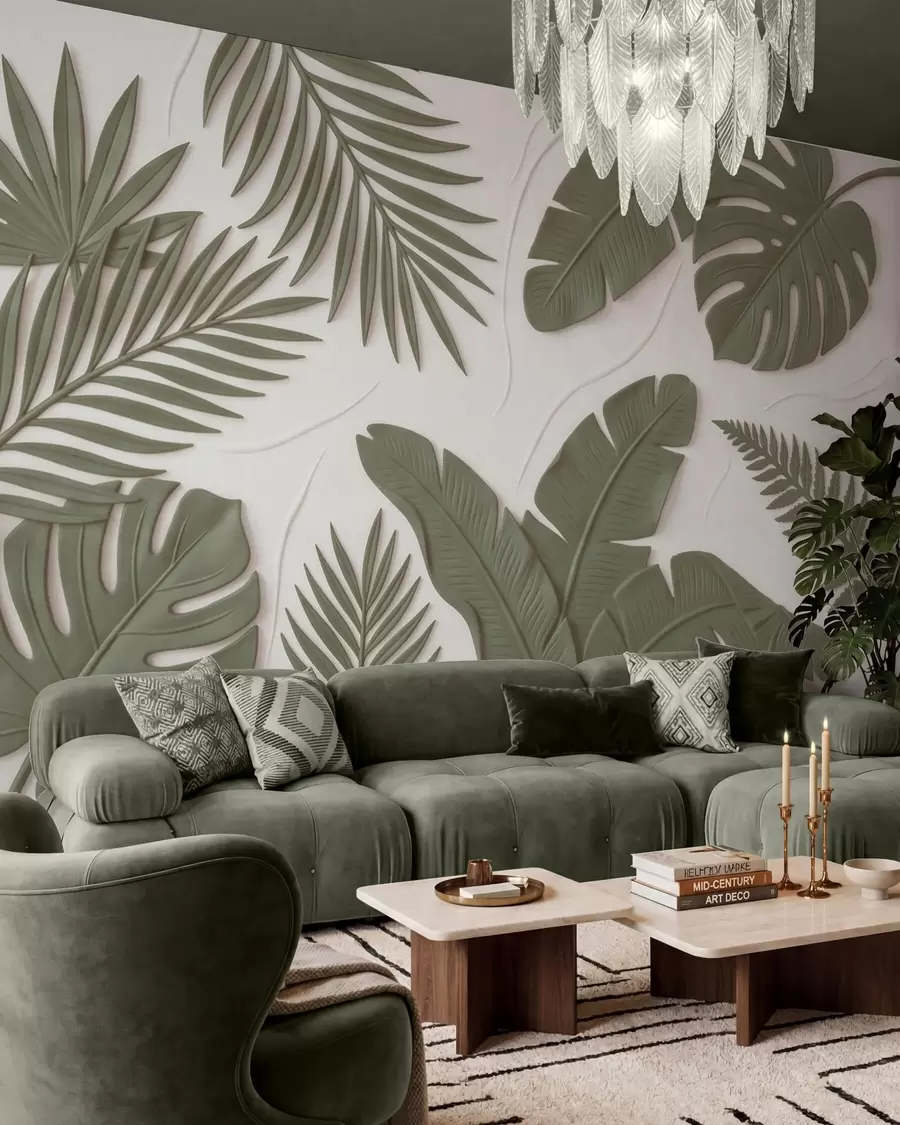 wall murals Green textured leaves w09995