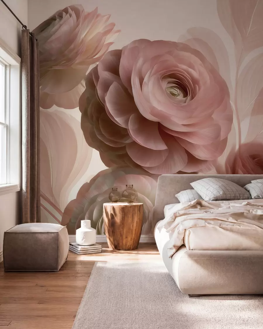 wall murals Voluminous powder-pink ranunculus flowers with translucent petals in soft pink and beige tones w09998