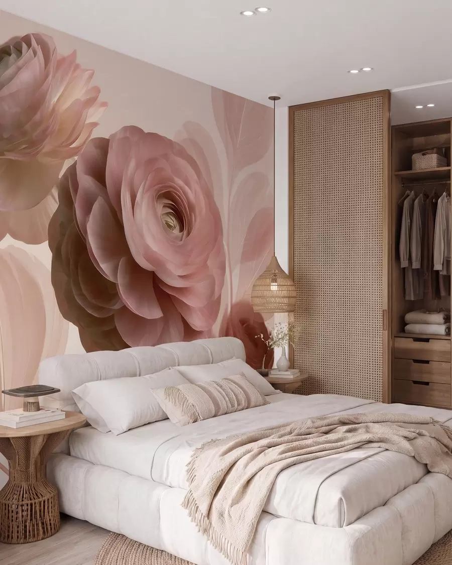 wall murals Voluminous powder-pink ranunculus flowers with translucent petals in soft pink and beige tones w09998