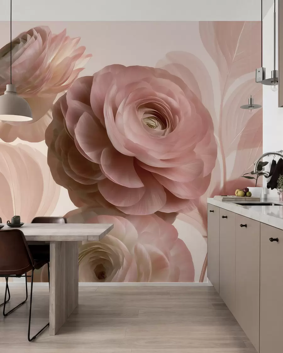 wall murals Voluminous powder-pink ranunculus flowers with translucent petals in soft pink and beige tones w09998