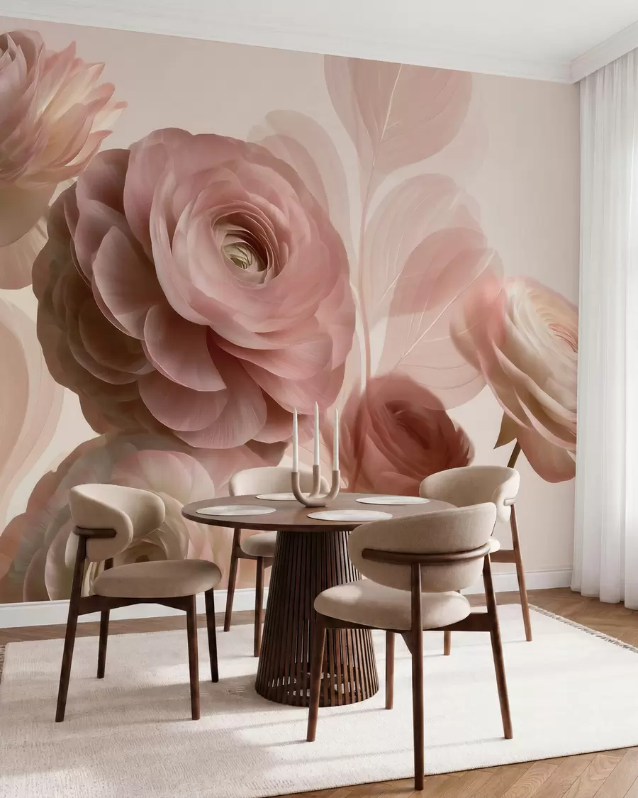 wall murals Voluminous powder-pink ranunculus flowers with translucent petals in soft pink and beige tones w09998