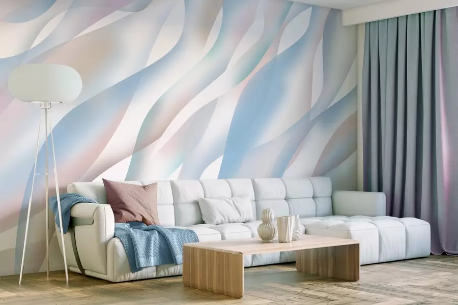wall murals Abstract waves in shades of blue, pink and beige against a white background w05758v1
