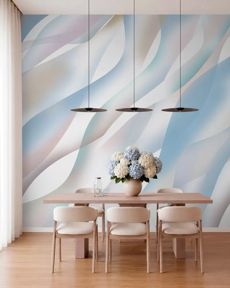 wall murals Abstract waves in shades of blue, pink and beige against a white background w05758v1