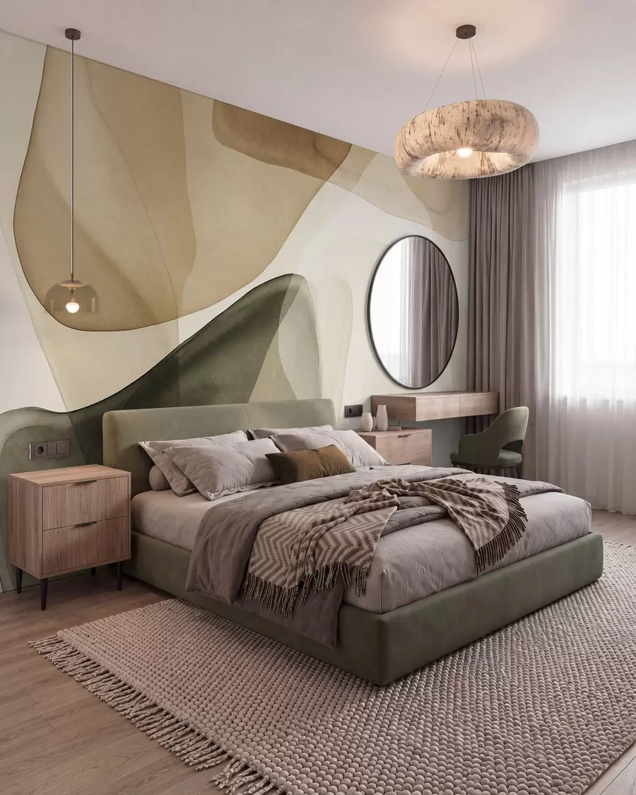 wall murals Abstract shapes in shades of beige and green, textured, translucent layers effect w10022