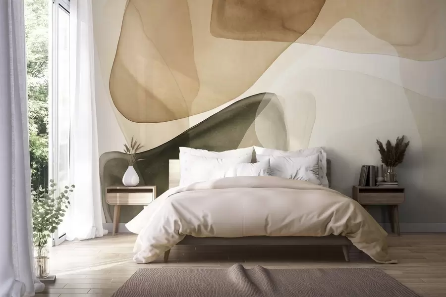 wall murals Abstract shapes in shades of beige and green, textured, translucent layers effect w10022